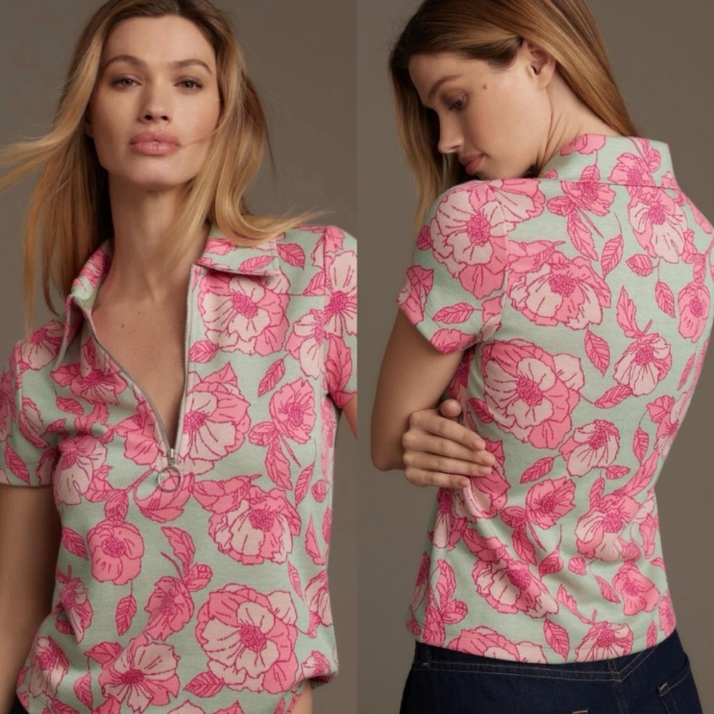 Anthropologie Maeve Short-Sleeve Floral Jacquard Top Pink/Green Medium - Picture 14 of 14
